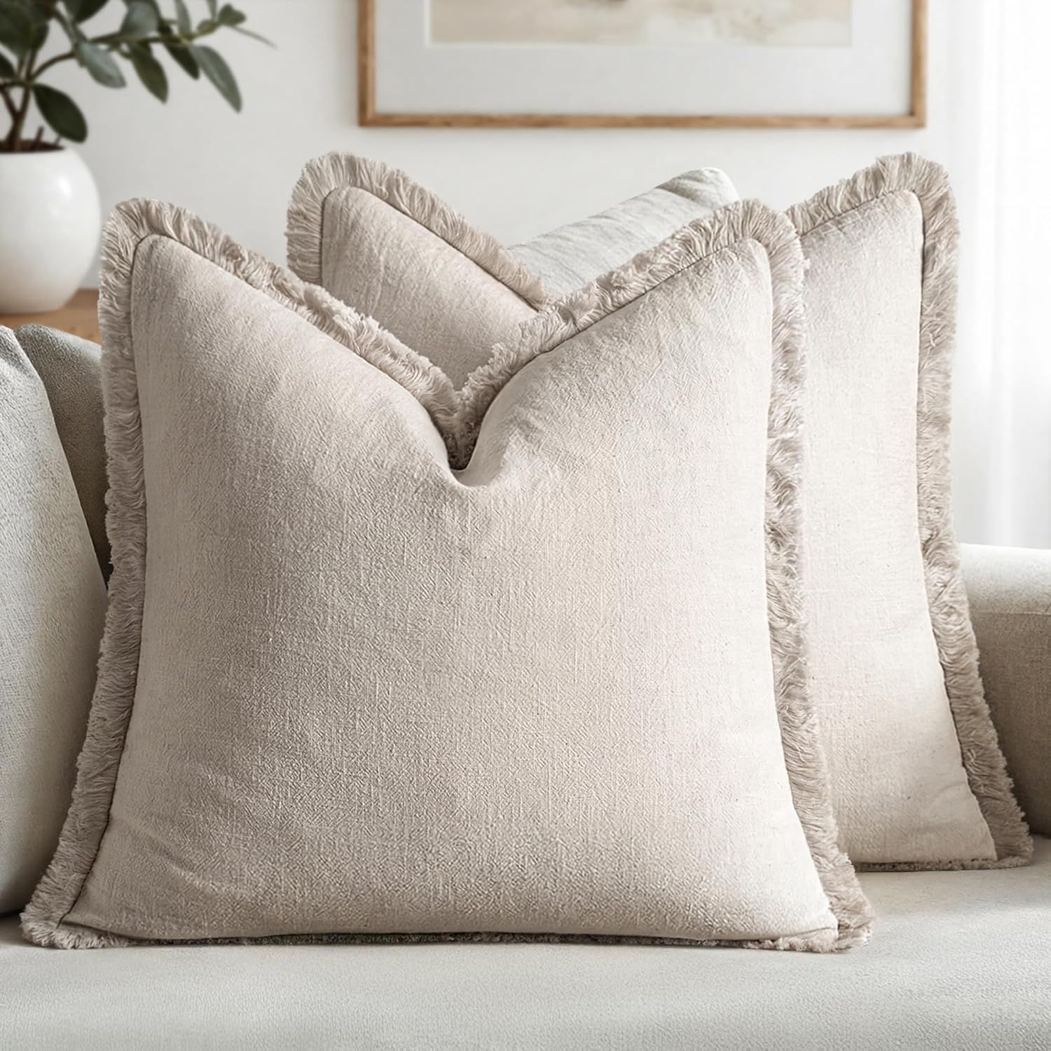 MIULEE Decorative Throw Pillow Covers Neutral Linen Fringe Throw Pillows Set of 2 Natural Beige Boho Farmhouse Cushion Cases with Tassels for Couch Sofa Bed Living Room Spring Decor 18×18 Inch