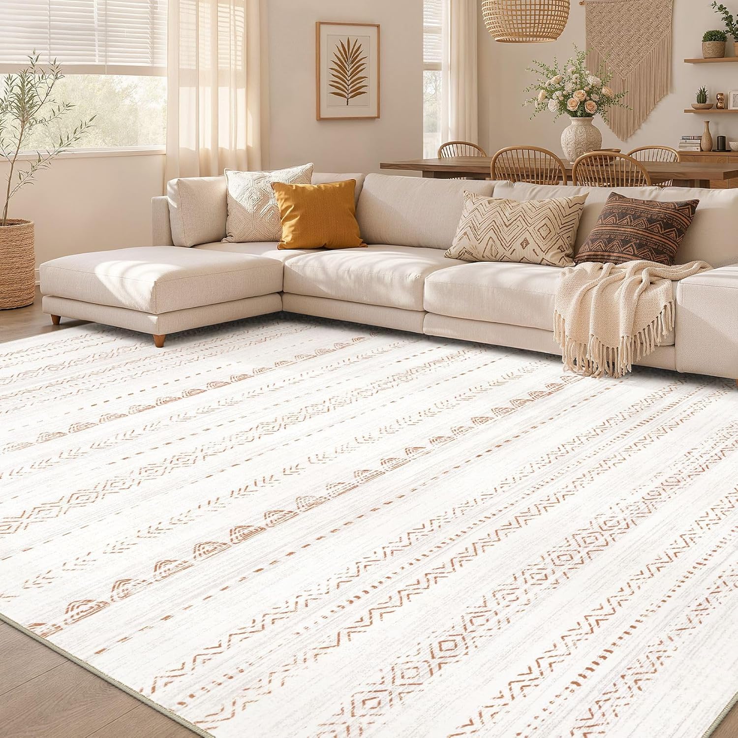 Nakagishi Boho 8×10 Area Rug Living Room Rugs Machine Washable Brown | Soft, Pet & Kid Friendly, Carpet for Living Room/Bedroom/Office/Kitchen/Nursery, Daily Home Decor Stain Resistant Moroccan
