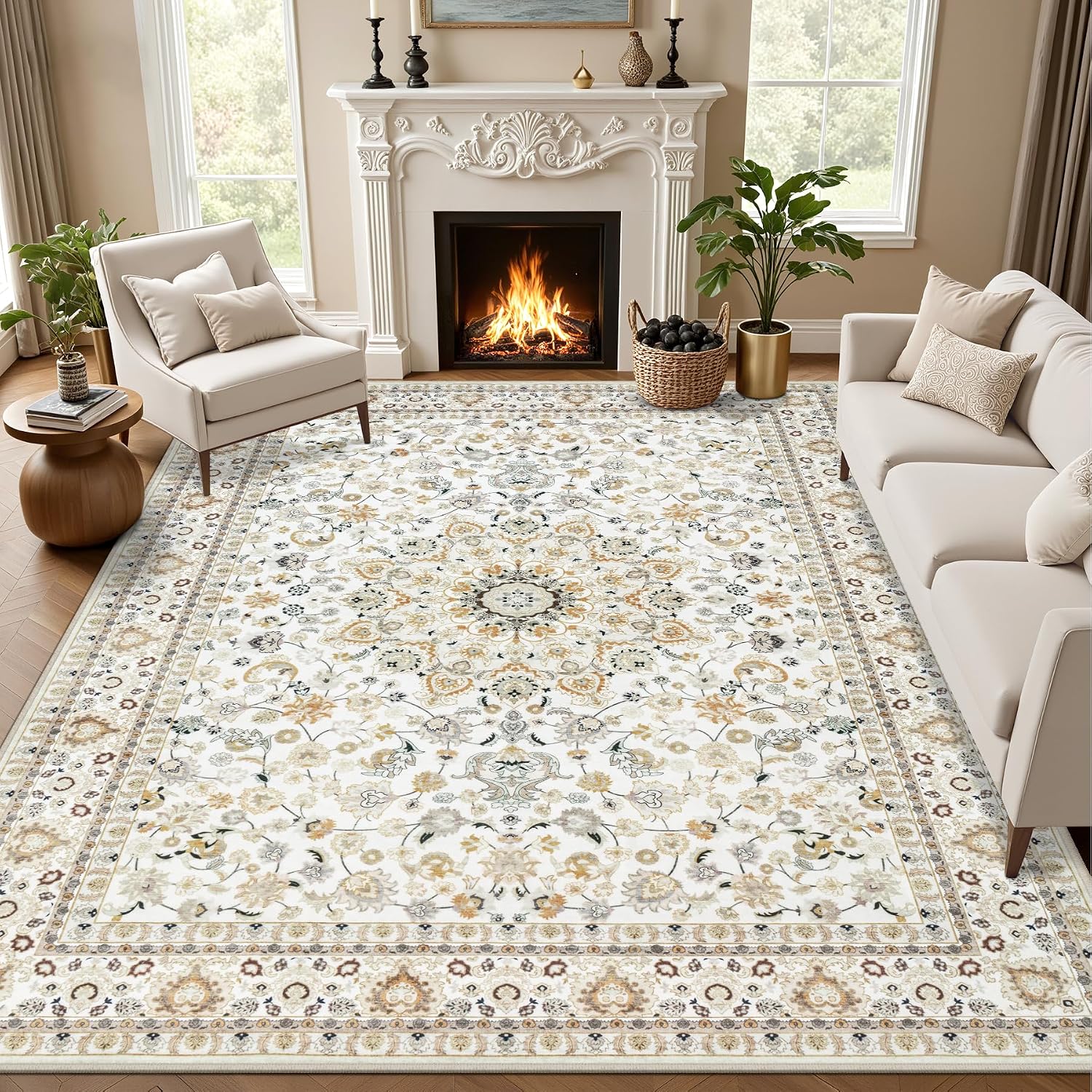 8×10 Area Rugs for Living Room: Washable Rug Soft Vintage Boho Carpet Indoor Floor Non-Slip Stain Resistant Floral Large Carpets for Bedroom Dining Room Farmhouse Nursery Home Office Beige