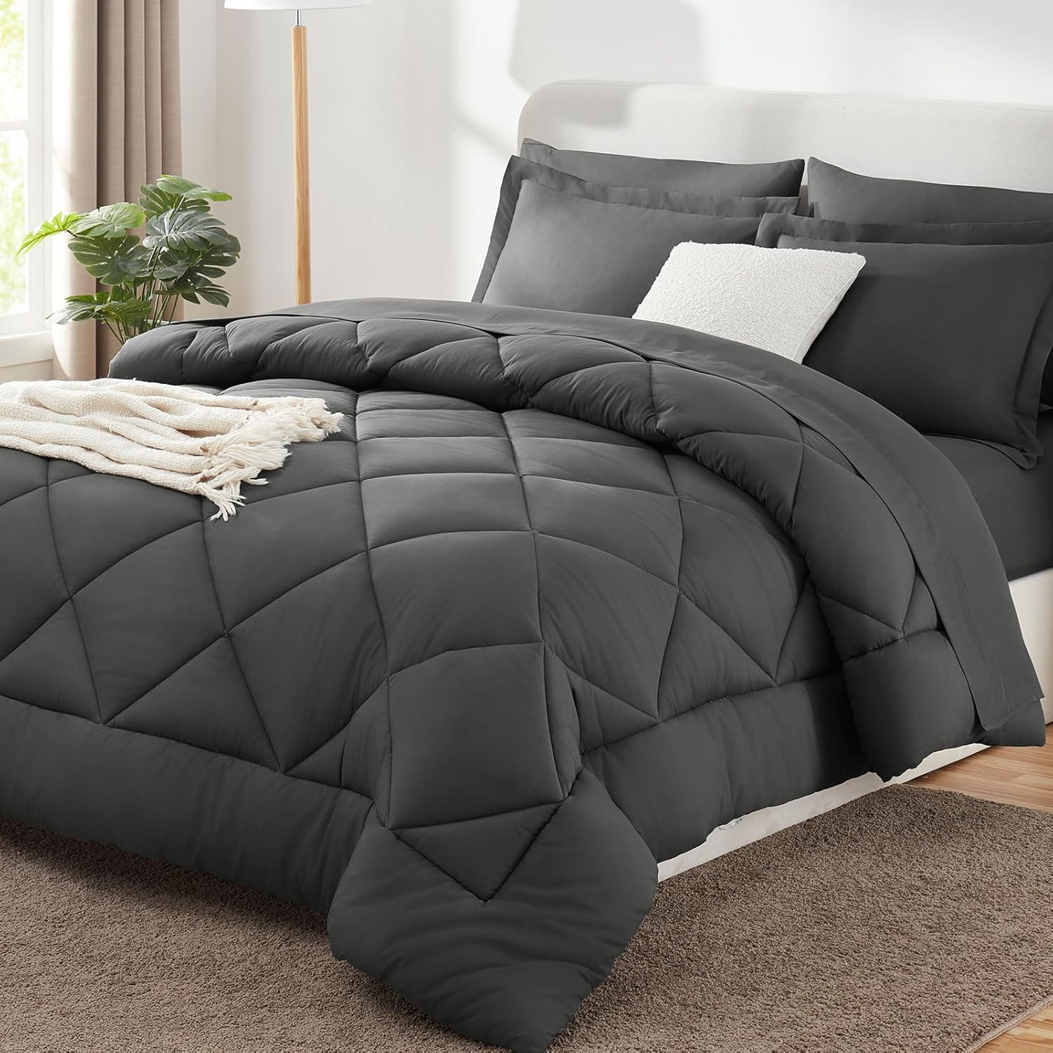 CozyLux King Size Comforter Set Dark Grey – 7 Pieces Complete Bedding Set | OEKO-TEX Certified, All Season, 240GSM Down-Alternative Comforter, Sheets, Pillowcases & Shams, 14″ Deep Pocket, Easy Care