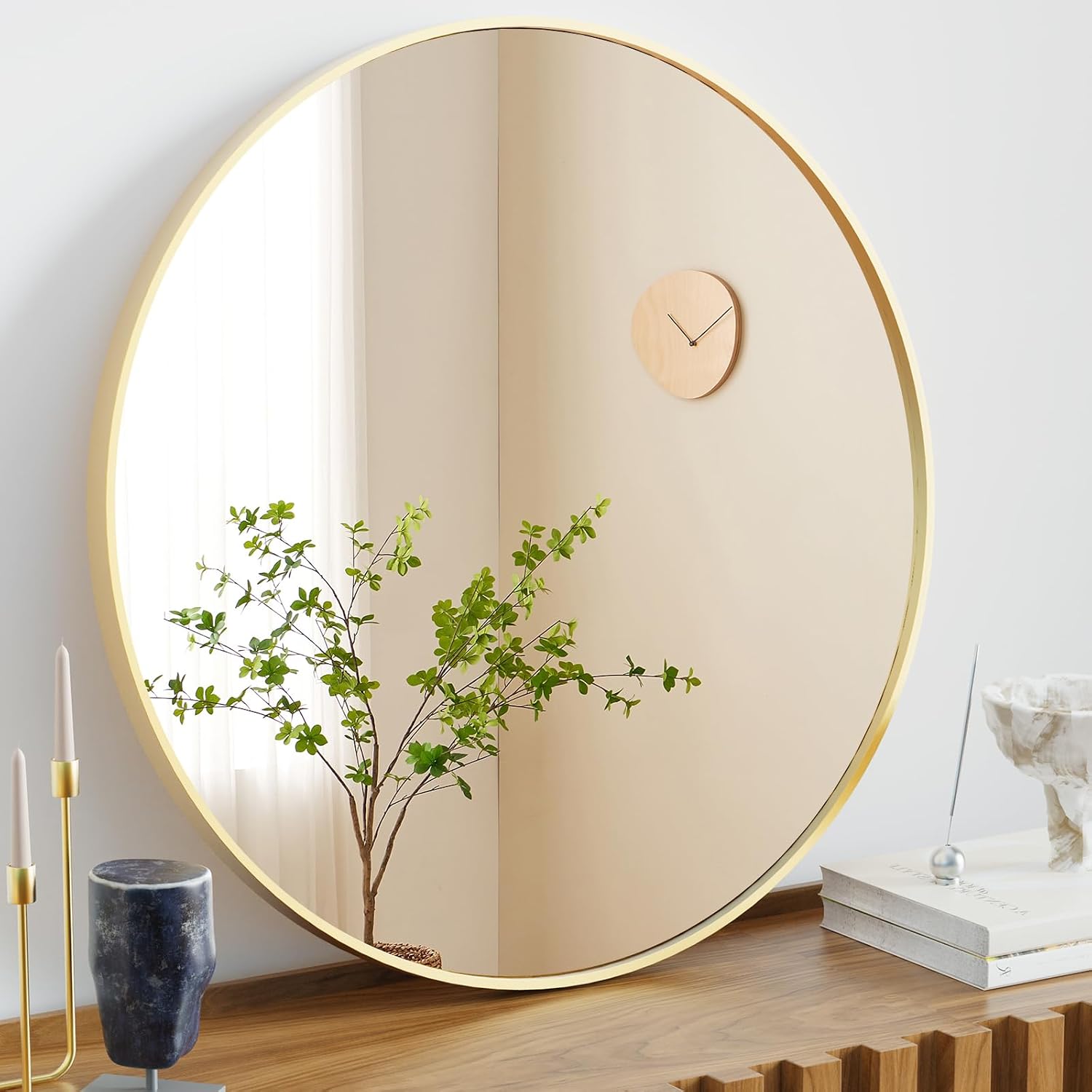 Sweetcrispy 24 in Round Bathroom Wall Mirror, Vanity Mirrors for Over Sink | Matte Metal Frame, Mirros for Entryway, Bedroom, Home Decor, Hang Mounted Frame, Gold