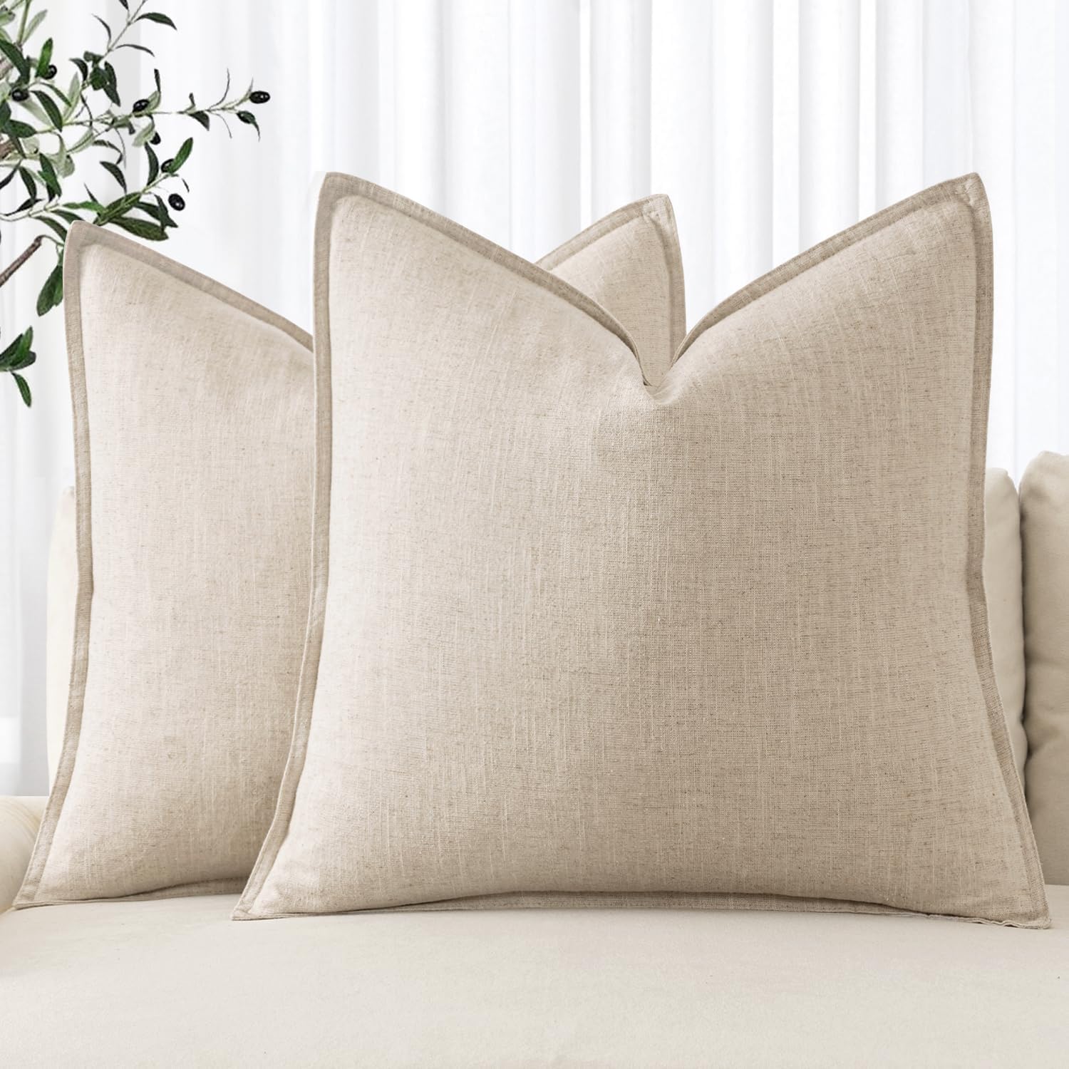 MIULEE Decorative Linen Pillow Covers 18×18 Inch Natural Beige | Boho Farmhouse​ ​Neutral Couch Throw Pillows for Bed, Pack of 2 Accent Modern Pillowcases, Sofa Livingroom Home Decor