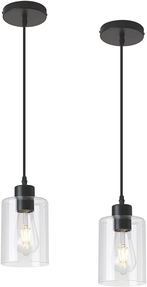 Modern Black Farmhouse Clear Glass Cylinder Pendant Light Fixture,Island Lights for Kitchen,Mini Pendant Lighting for Kitchen Island Decor – 4.75 Inch Shade 58 Inch Cord (Black 2 Pack)
