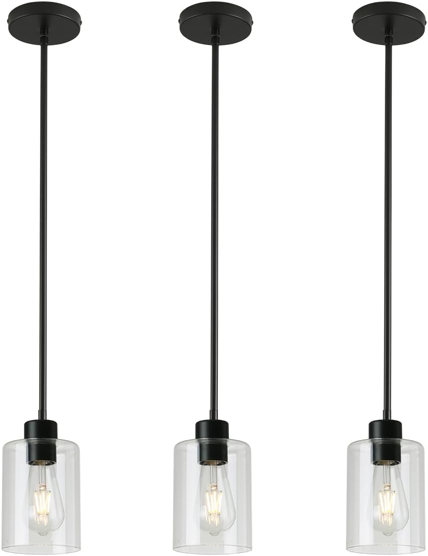 3 Pack Black Pendant Lights Kitchen Island, Modern Industrial Matte Black Hanging Light Fixtures, Adjustable Downrod Farmhouse Glass Pendant Lighting for Dining Room Bedroom Hallway Entryway
