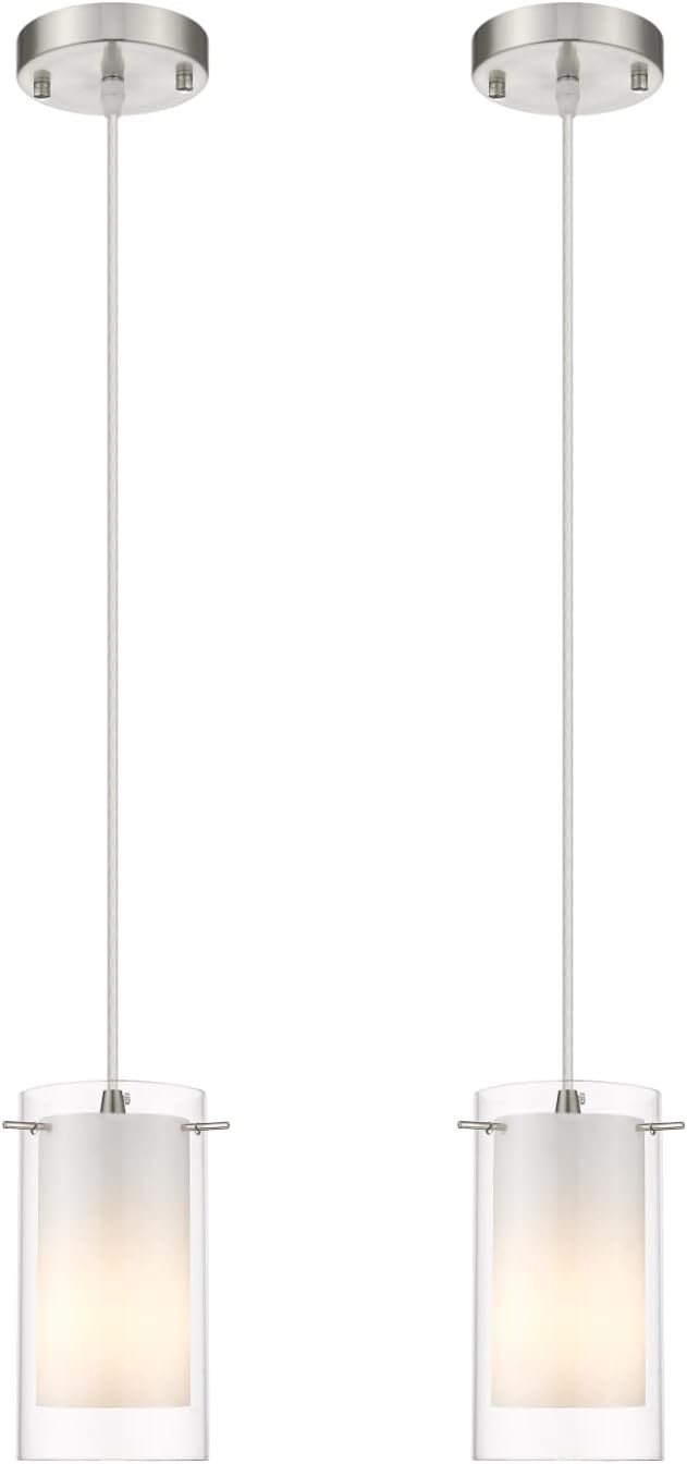 AKEZON Modern Glass Pendant Light 2 Pack, Adjustable Hanging Kitchen Island Lights Pendant Lighting Fixture Dining Room Bathroom Hallway Bar, Brushed Nickel Finish