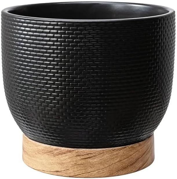 8.2 Inch Black Ceramic Planter with Wood Grain Base – Indoor/Outdoor Flower Pot with Drainage Hole – 3.5QT Capacity for Plants, Succulents & Herbs