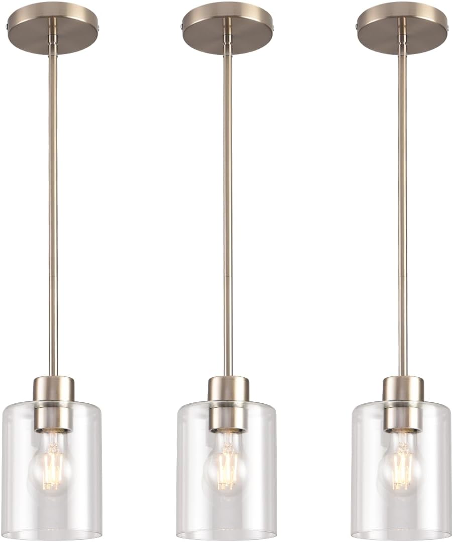 Brushed Nickel Pendant Lights Kitchen Island – Clear Glass Pendant Light Fixture Multiple Stems Rods 3 Units 12 Inch 3 Units 4 Inch (3 Pack Brushed Nickel)