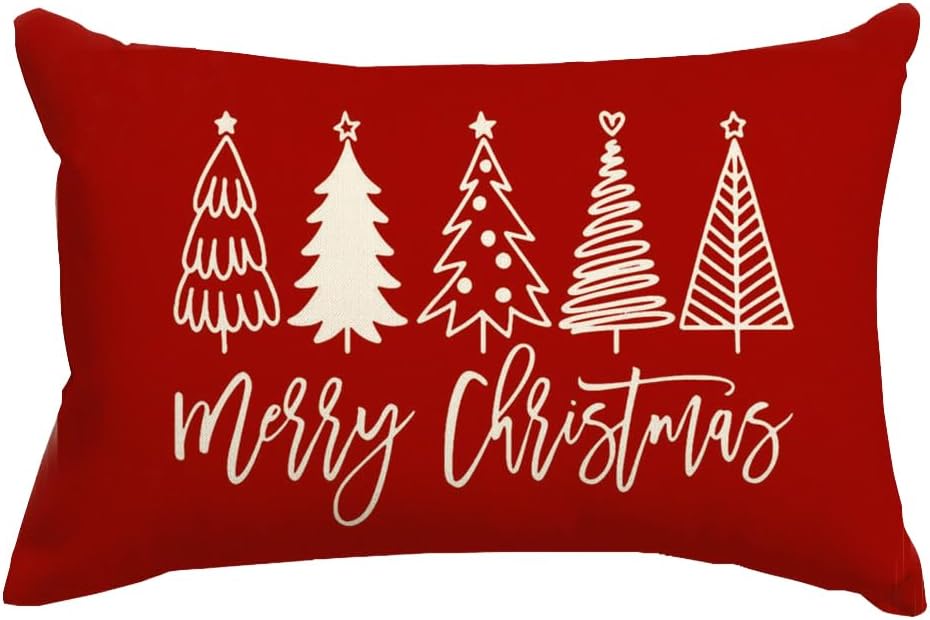 RABUSOFA Christmas Pillow Covers 12×20 Inch,Merry Christmas Tree Pillows Decorative Throw Pillows,Xmas Red Cushion Cover Decor for Holiday Couch Sofa Outdoor Lumbar(6) | Xmas Decor for Holiday Couch Sofa,No Insert,Durable Polyester,Fit 12×20 inch Inserts or Smaller
