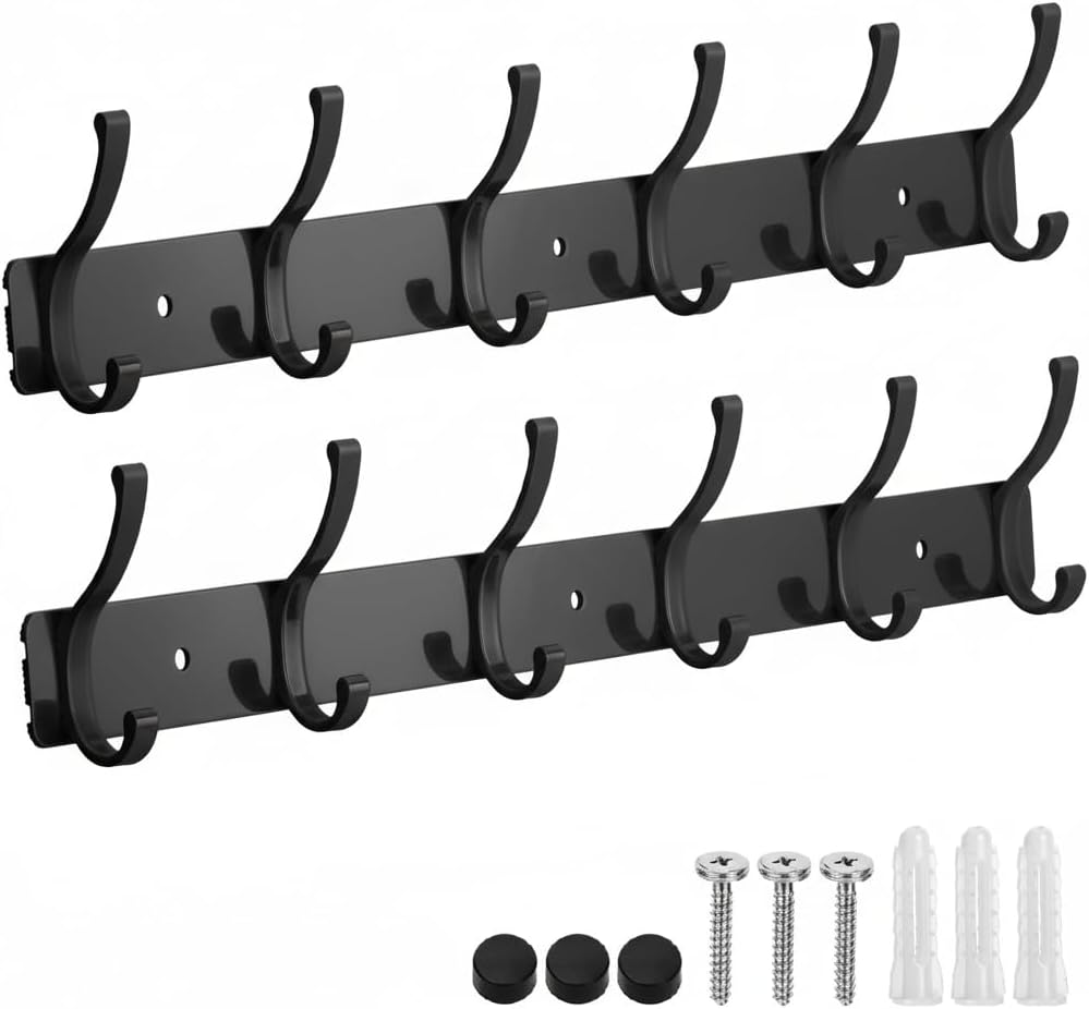 Wall Mount Coat Rack 2 Pack, Black Coat Hooks Hanger with 6 Double Hooks | Zinc Alloy, Smooth Hook Edges, Screw Installation, Double Hooks，Greater Storage Space for Hanging Robes, Clothes, Bags, Hat