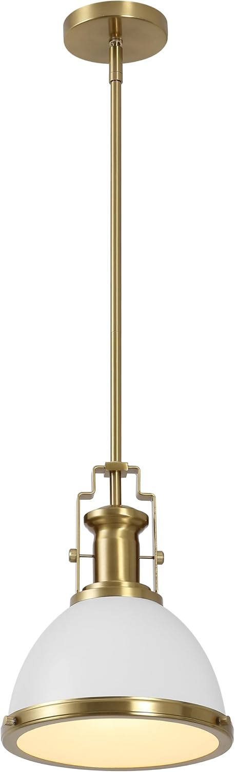 JONATHAN Y 10″ Brass Gold/White Modern Industrial Iron LED Dome Pendant Light, Adjustable Hanging Fixture for Kitchen Island or Entryway, White Metal Shade, LED Bulb Included (JYL9535D)