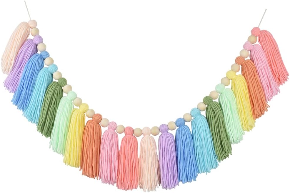 DrCor Pastel Rainbow Tassel Garland Classroom Decor – Boho Wall Hanging with Wood Beads for Bulletin Board, Reading Corner, Nursery, Back to School & Birthday Party