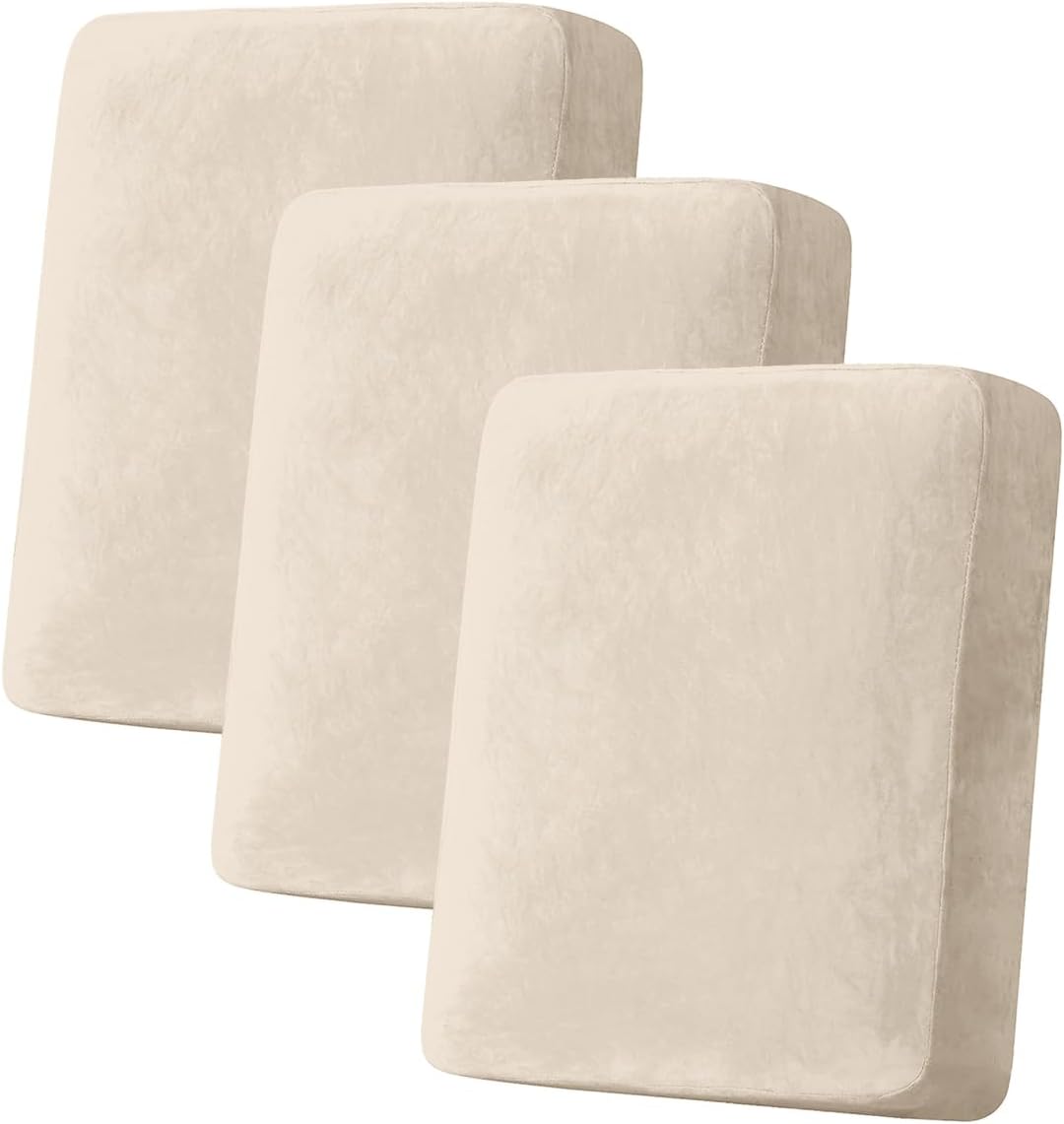 Couch Cover Stretch Velvet Sofa Cushion Cover 3-Piece – Elastic Washable Slipcover for Seat or Backrest, Couch Seat Covers for Sofas (Cream)