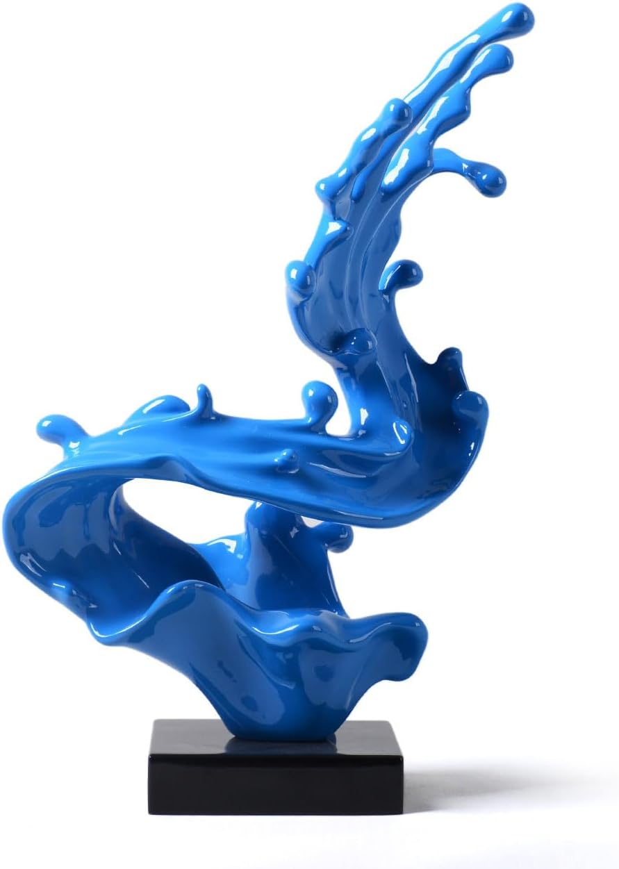 HAUCOZE Modern Sculpture Abstract Sea Wave Figurine Home Art Decor 16.1Inch | Blue Resin Handmade Statue with Black Base Fashion Gift Table Centerpiece Ornament for Family Friend Lover