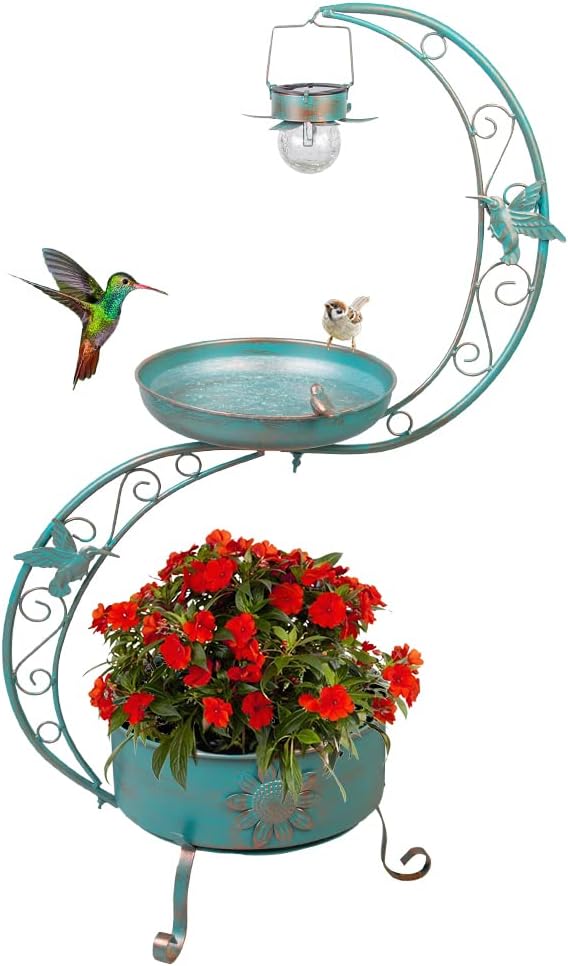 DREAMSOUL Bird Bath with Flower Planter Pedestal, 36″ Bird Baths for Outdoors with Solar Lighting Lamp, Vintage Birdbath for Garden Yard Patio Lawn Decor