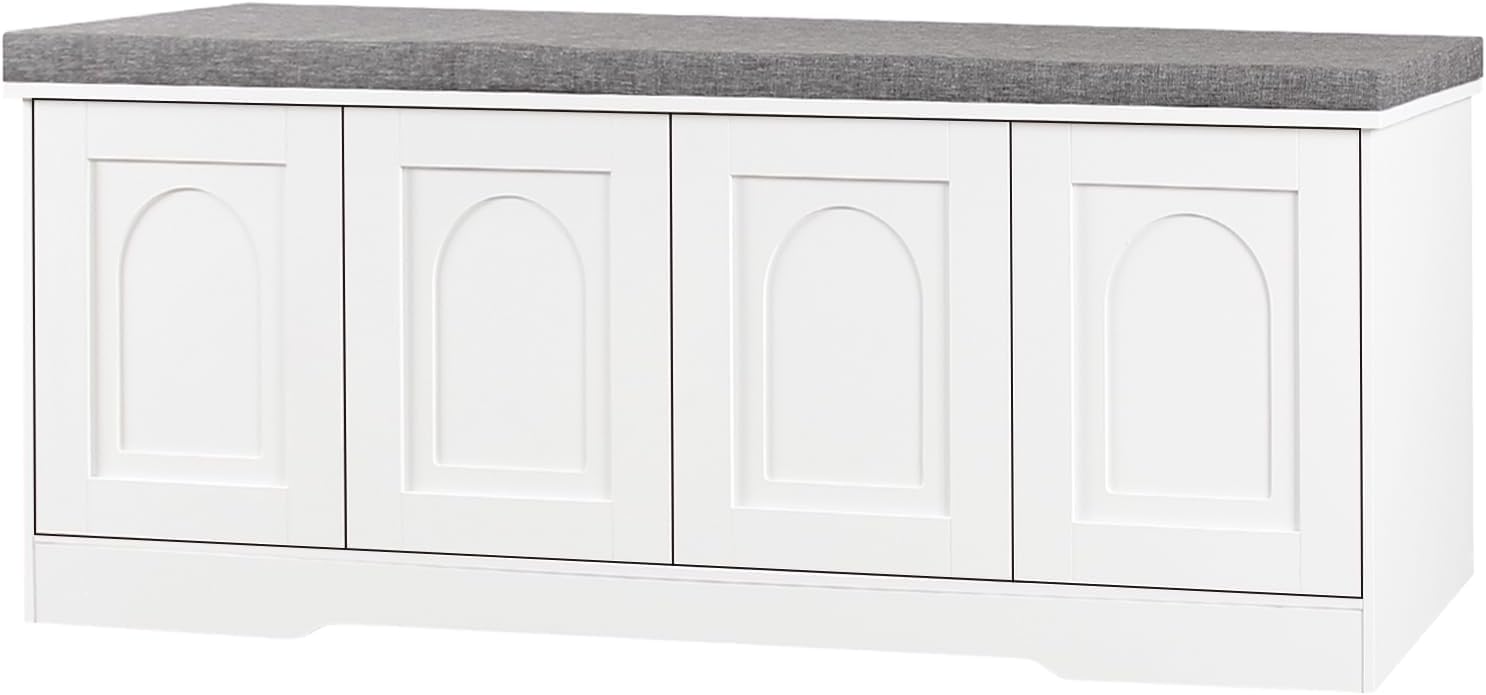 DINZI LVJ Shoe Storage Bench with Cushion, Entryway Bench with Seat & Doors | 2-Tier Shoe Cabinet Bench Fits 8 Pairs, Adjustable Shelves for Boots, Easy Assembly, Farmhouse, Bedroom, 47.2″ Wide, White