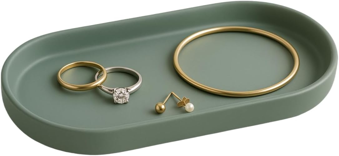 Ceramic Jewelry Tray – Oval Vanity Dish for Rings, Earrings, Bracelets – Minimalist Decorative Trinket Holder for Dresser, Bathroom, Nightstand – Matte Green