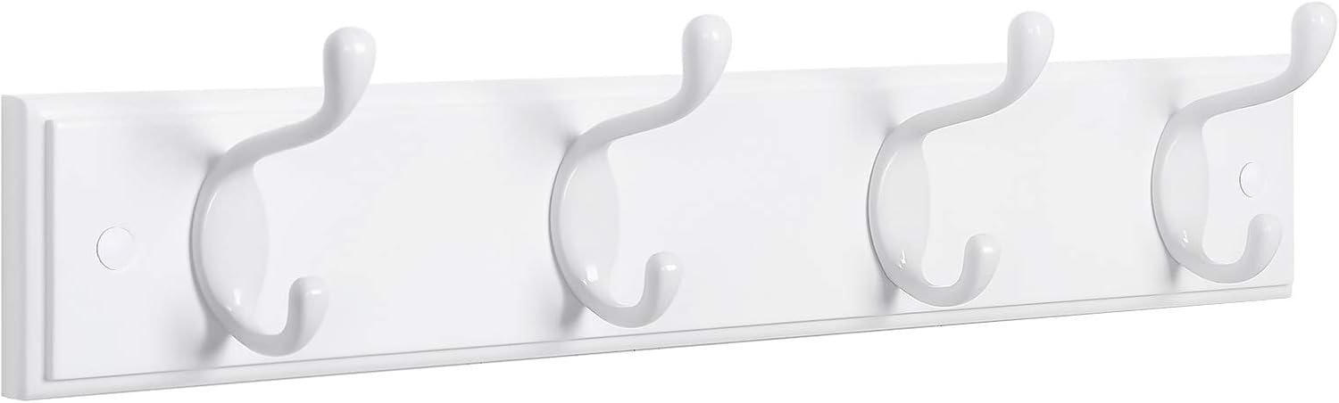 SONGMICS Wall-Mounted Coat Rack, Hook Rack, 4 Dual Metal Hooks, White | For Coats, Bags, Keys, in the Entryway, Bedroom, Living Room ULHR23WT