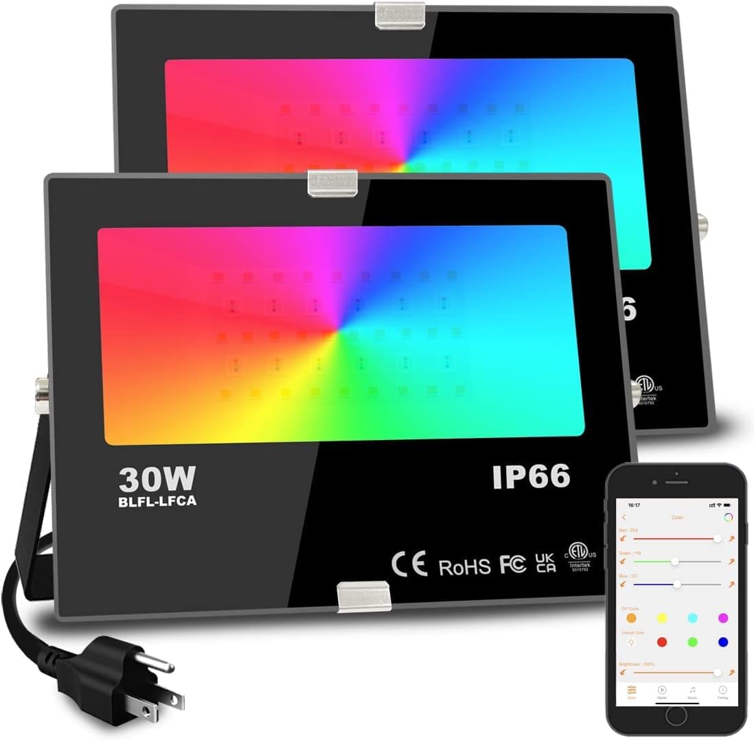 Led Flood Light 30W, 300W Equivalent 3000 LM Outdoor Color Changing Lights | 2700K & 16 Million Colors&Timing& Music Sync, Bluetooth RGBW Smart Floodlights，Led Stage Landscape，IP66 US 3-Plug (2 Pack)