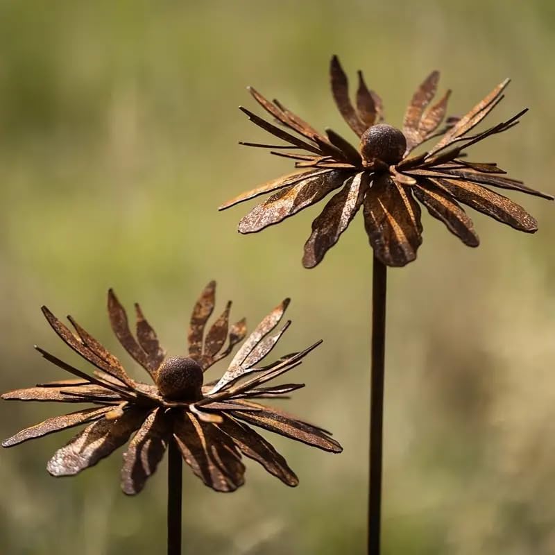 Set of 2 Vintage Rusty Cornflower Statues Stake 12 Inch Metal Artistic Wire Art Decor Rustic Garden Sculptures for Lawns Yard Patio Home Farmhouse Decoration (Bronze) (Bronze)