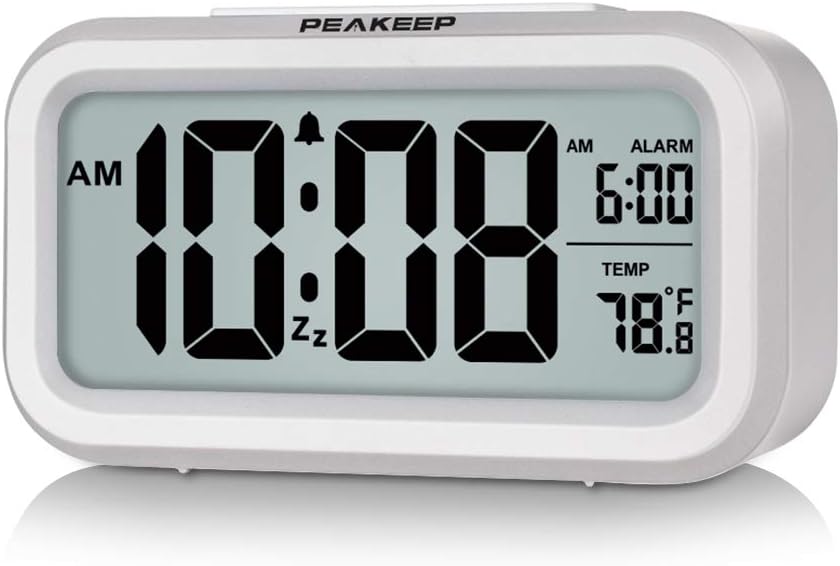 Peakeep Night Light Digital Alarm Clock Battery Operated Indoor Temperature | Small Cordless Cute Clock for Bedroom Desk Travel, Simple to Use for Teens Kids (White)