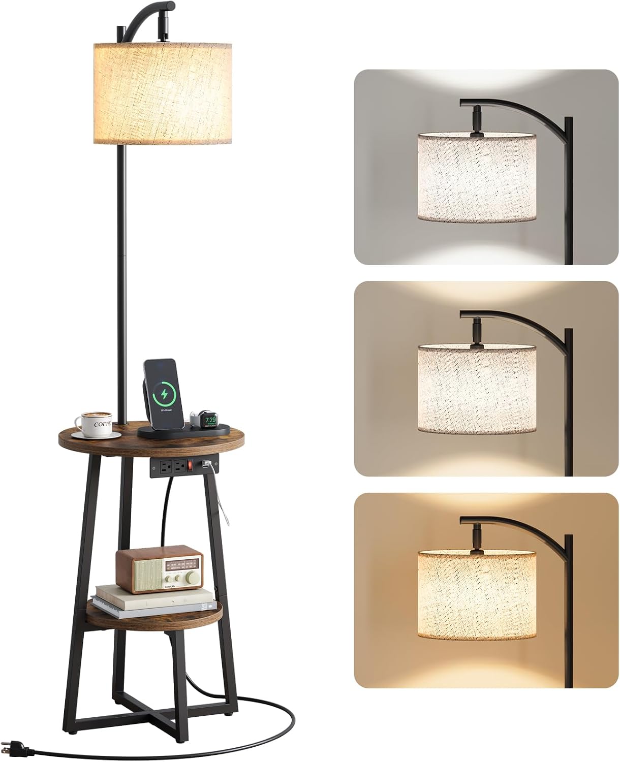 Yoobure Floor Lamp with Table – Night Stand with Charging Station, Side Table with Floor Lamps for Living Room, Bedroom, End Table with Standing Lamp Attached 3 Color Temperatures Bulb, 2 Tier Shelves