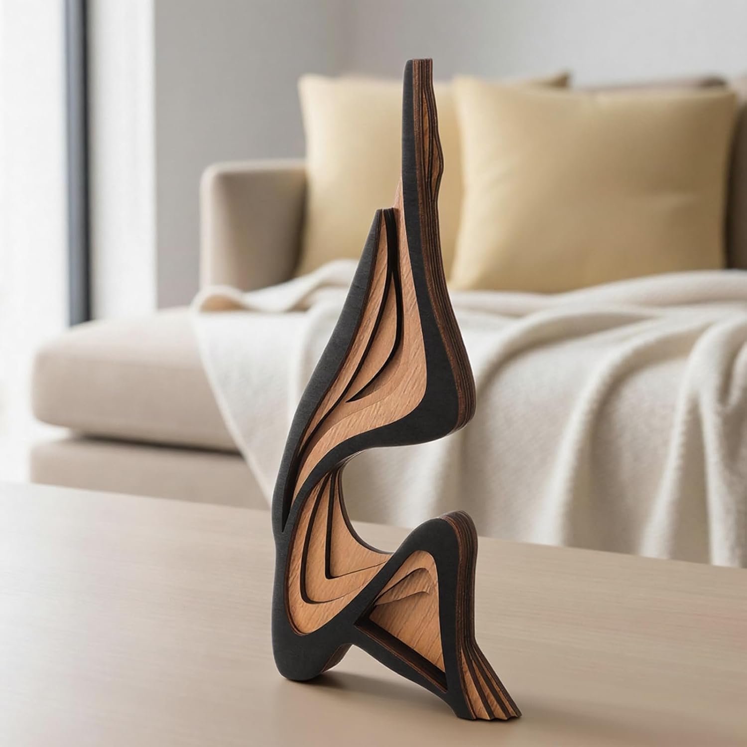 Fumete Mid-Century Modern Wood Abstract Sculpture Wooden Curved Art Table Decoration Modern Home Decorative Objects for Mantel Bookshelf Dresser Living Room Office & Entryway Table Decorative