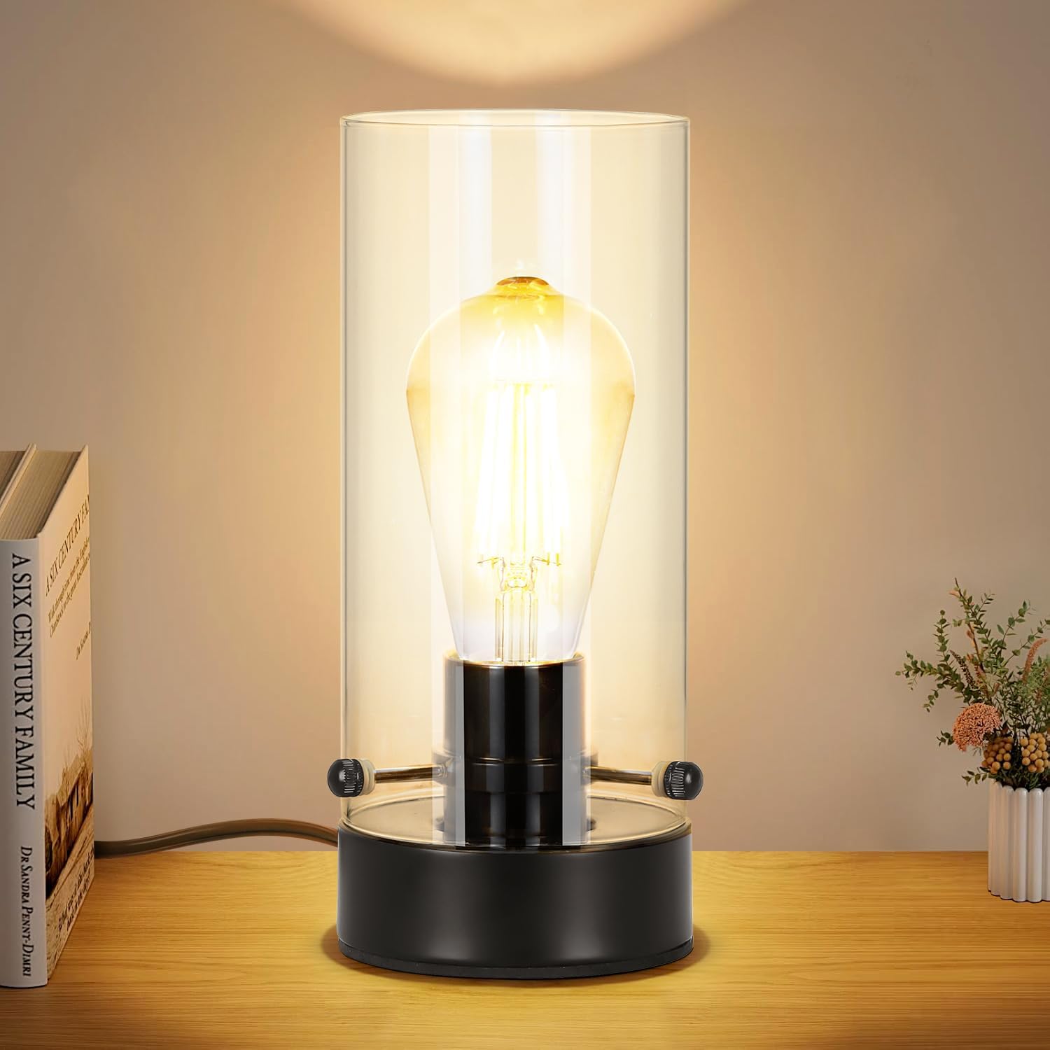 Table Lamp for Bedroom, Modern Glass Lamp Bedside Table Lamps for Night Stands with 2700K 6W Glass Bulb,Small Night Light Lamps for Living Room Kids Office Desk Decor Black