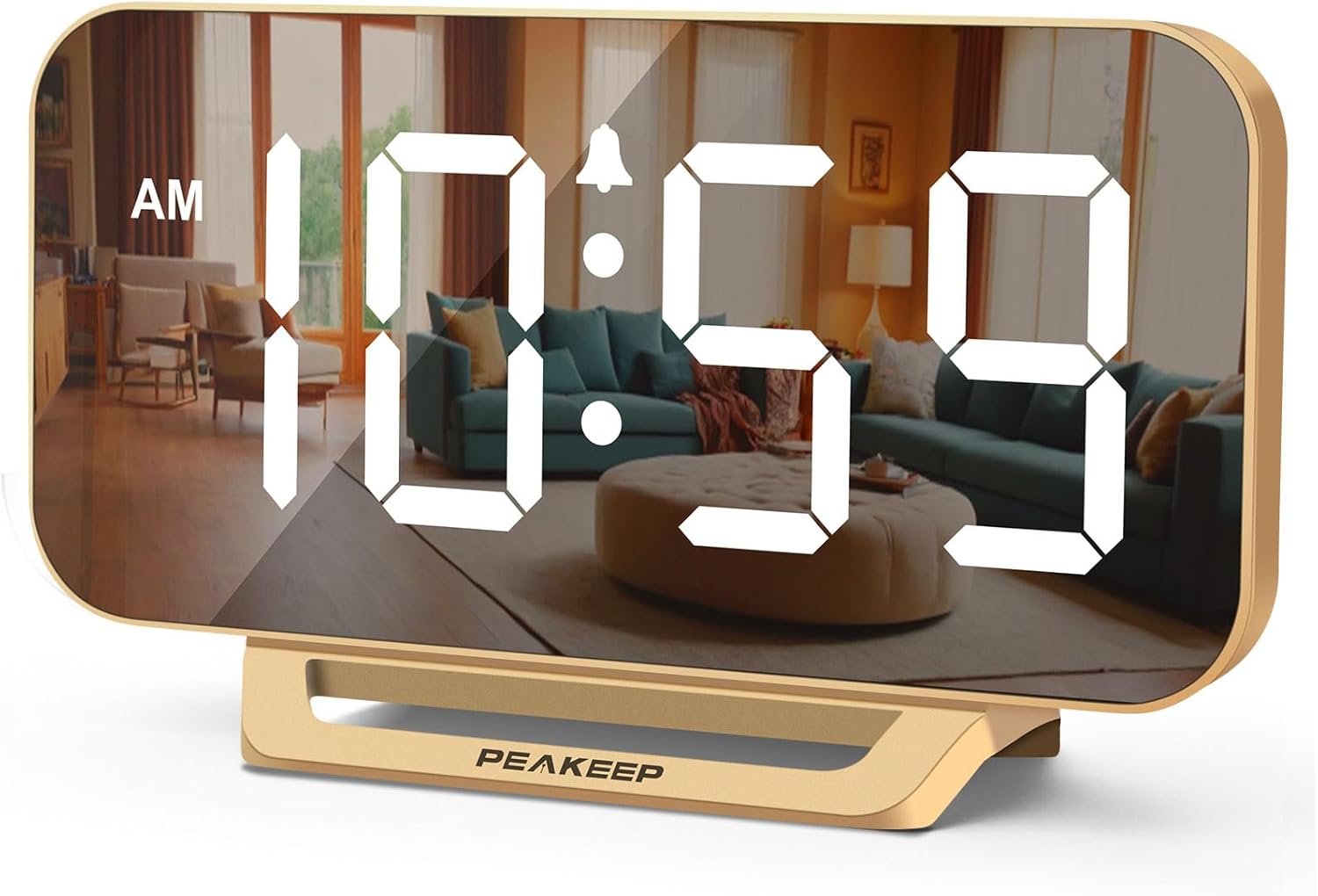 Peakeep Slim Digital Mirror Aesthetic Alarm Clock for Bedrooms Desk Decor | Plug in Electric Big LED Modern Small Clock for Office Living Room, Battery Backup, 6 Dimmers (Gold)
