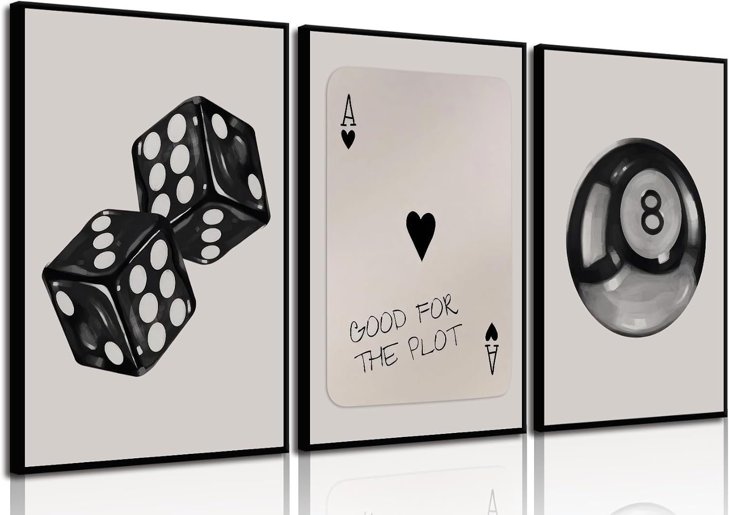 BOKPEN 3Pcs Black and White Poker Dice Wall Art Funky Retro Y2K Trendy Preppy Pictures Lucky 8 Ball Poster Canvas Prints Artwork Painting for Game Room Apartment Dorm Aesthetic Decor 12x16in Unframed