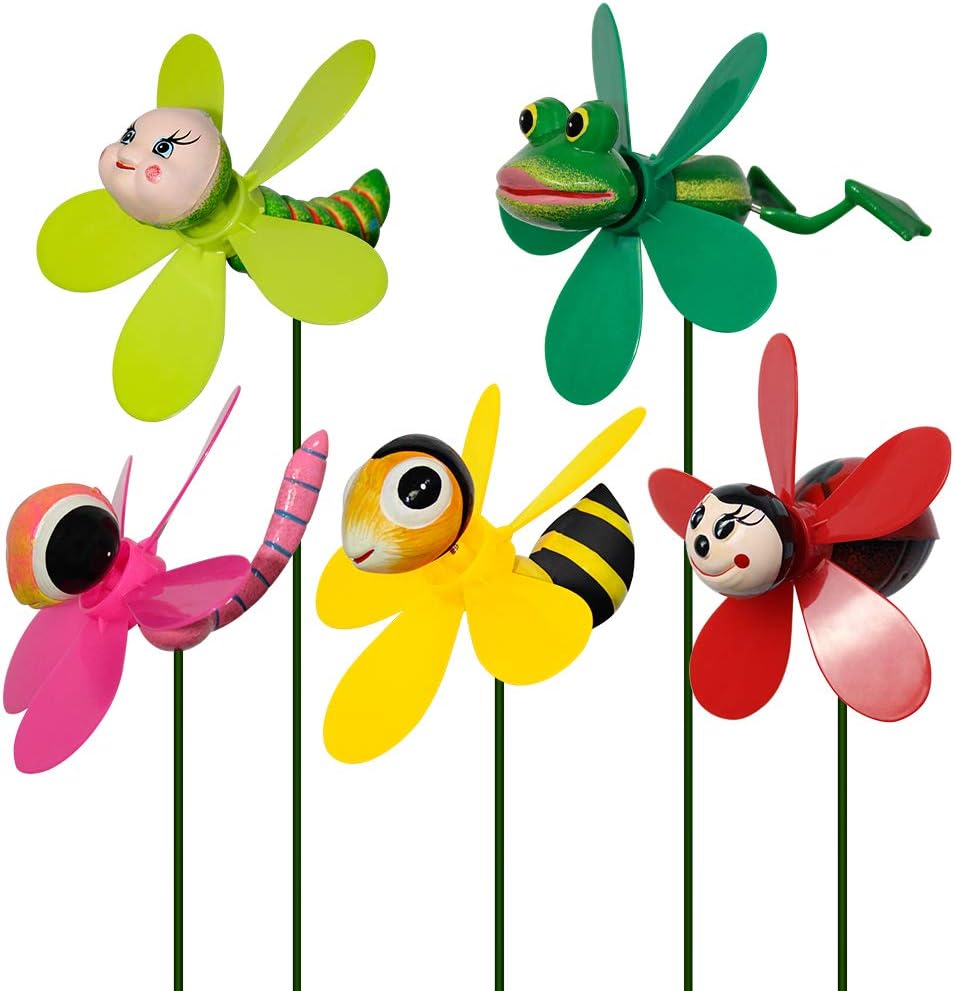 5-Pack 3D Insect Wind Spinners for Yard and Garden – Colorful Spring-Loaded Pinwheels – Bee, Dragonfly, Frog, Ladybug Whirligigs – Decorative Outdoor Yard Art for Lawn, Patio & Potted Plants