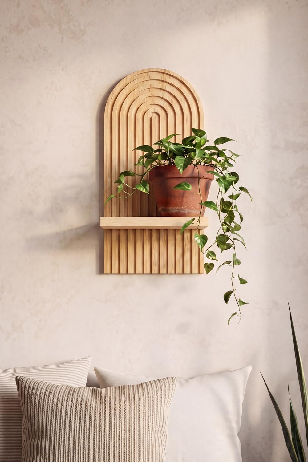 Boho Wall Shelf, 14″ MCM Arched Decorative Floating Shelves, Wooden Round Shelf for Plants, Entryway, Bathroom & Bedroom, Natural Oak