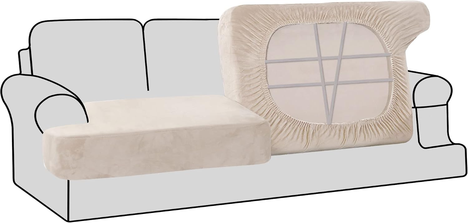 H.VERSAILTEX Stretch Velvet 2 Piece T-Cushion Cover Separate T-Cushion Cover Seat Cover for Sofa Couch Cushion Slipcovers Furniture Protector with Elastic Bottom(Sofa, Ivory)