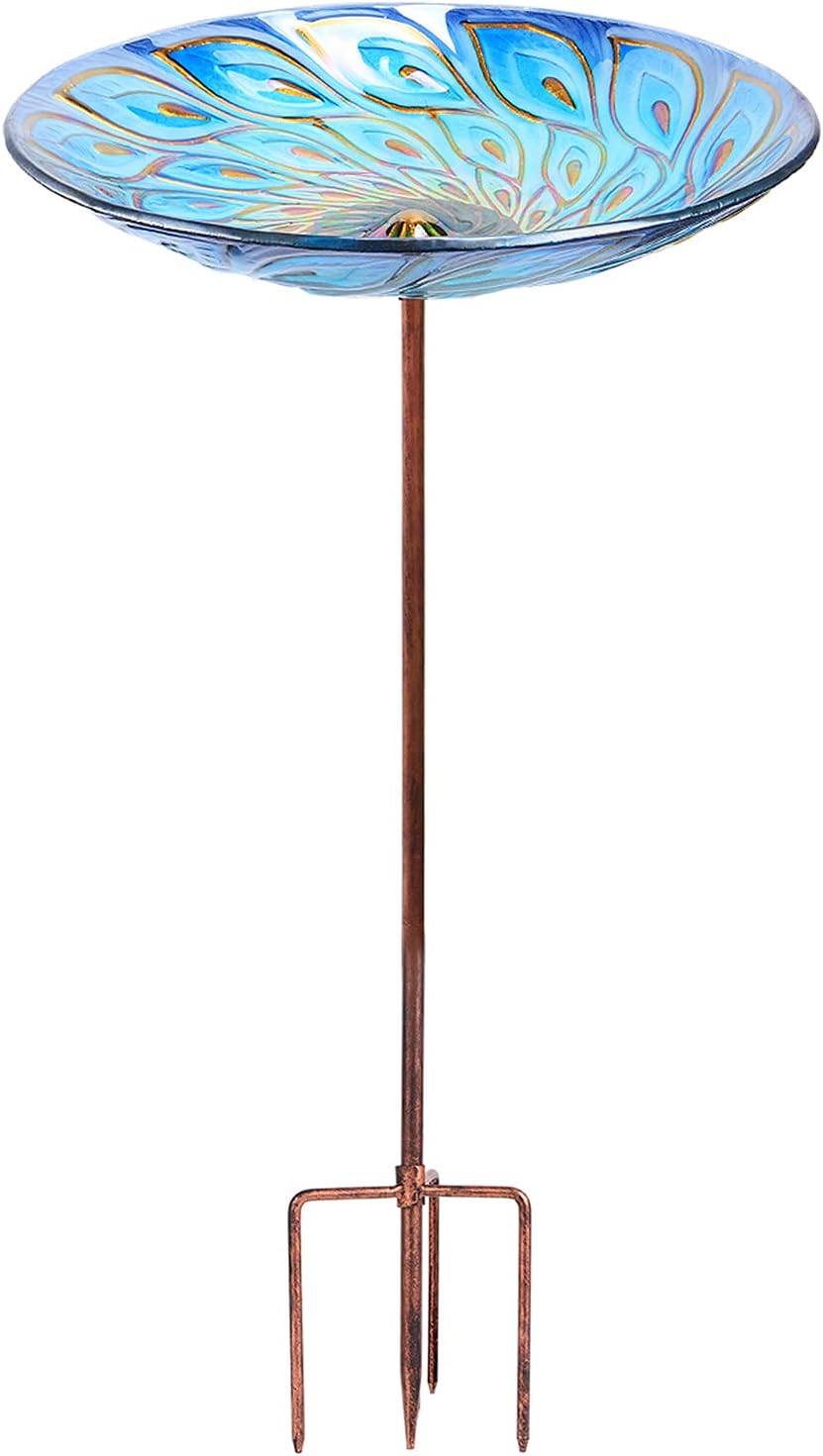 Glass Bird Bath, Garden Outdoor Birdbaths with Metal Stake Peacock | Stained glass peacock bird baths birdfeeder for outside, draws wild birds and forms a wildlife habitat in your yard