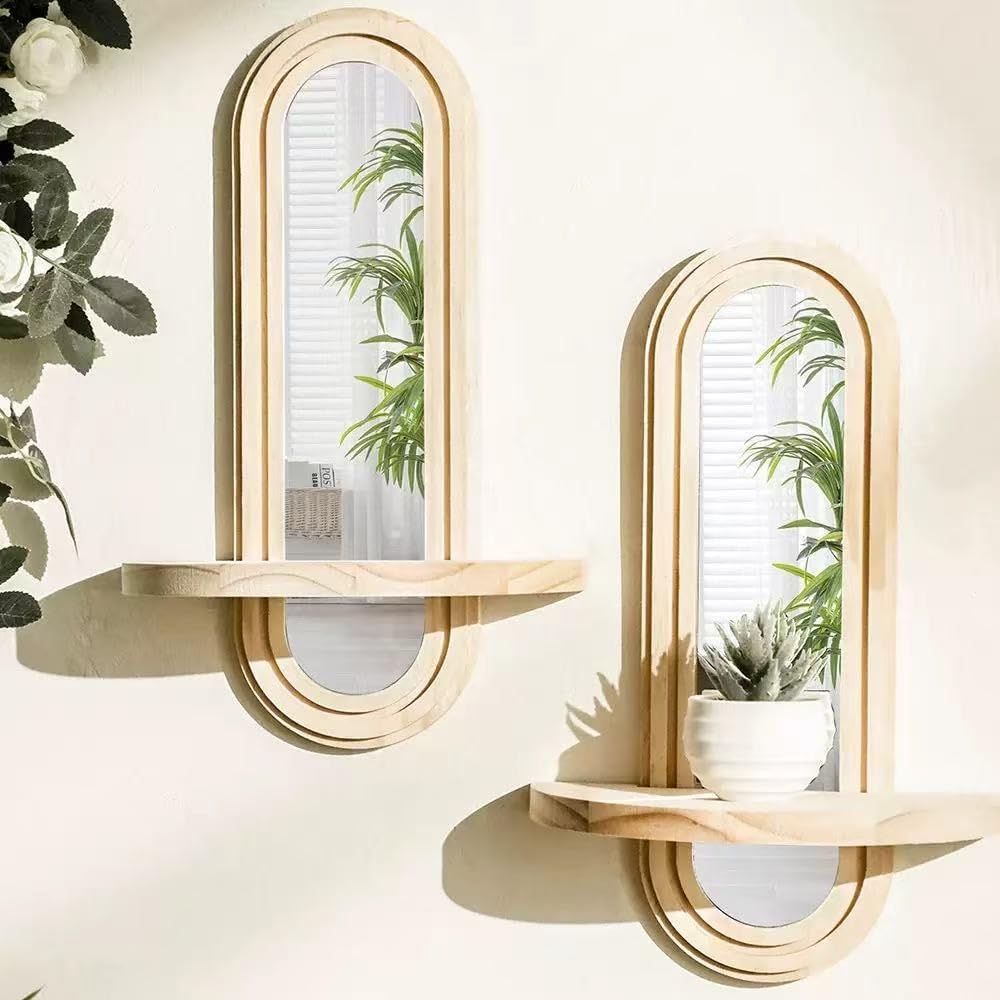Wooden Wall Floating Shelves, 2PC Boho Arched Wall Shelf,Decorative Mounted Display Shelf with Acrylic Frameless Mirror, Nature Wood Shelves for Home Holding Planter Decoration
