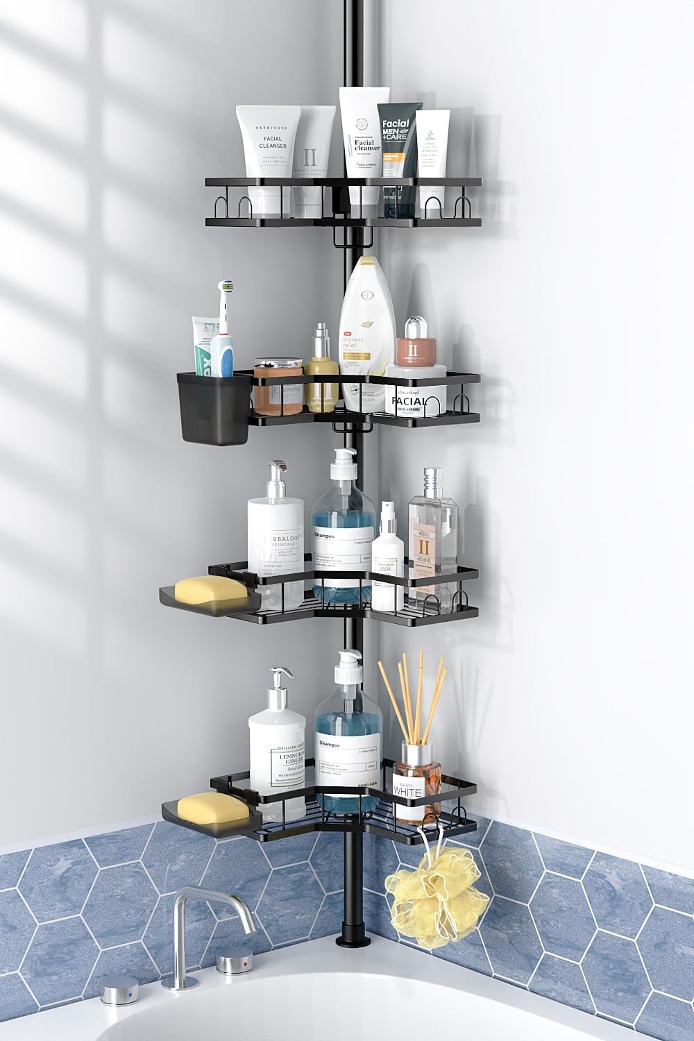 Corner Shower Caddy Tension Pole: 4-Tier Adjustable Rustproof Bathroom Organizer Shelves – No-Drill Bathtub Shampoo Rack Standing Shower Caddy for Renters, Apartment & Family Bathroom 31-124 inch
