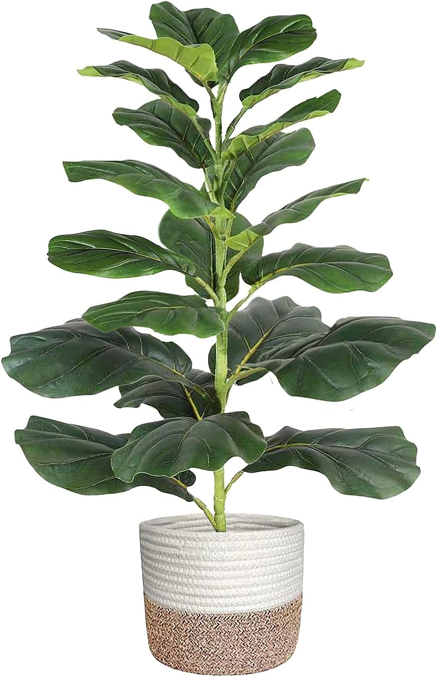 30″ Artificial Fiddle Leaf Fig Tree, Realistic Fake Plants Faux Trees Indoor with Cotton Rope Basket, Artificial Plants Indoor for Apartment Home Living Room Office Decor