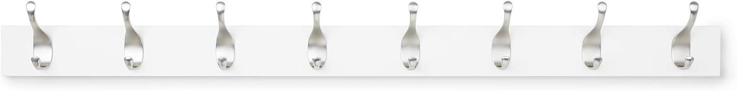Amazon Basics Wall Mounted Modern Coat Rack for Entryway and Bedroom with Versatile Storage Hooks, Rectangular, 8-Hook, White | Rectangular