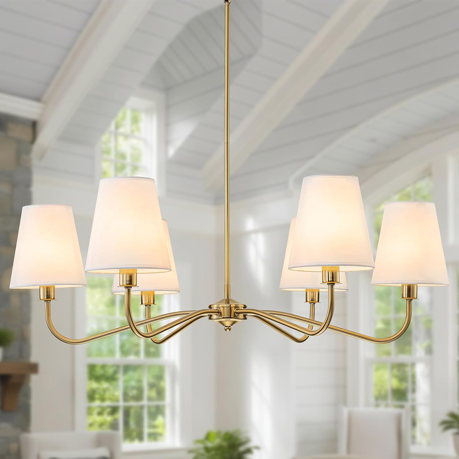 Brass Gold Chandeliers for Dining Room, 36″ 6 Light Antique Modern Chandelier Light Fixture with White Fabric Shade, Classic Kitchen Pendant Lights over Table for Living Room Bedroom Entryway Foyer