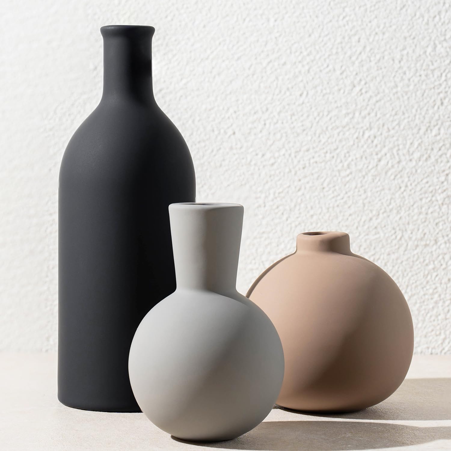 Ceramic Vase Set of 3, Modern Minimalist Neutral Home Decor, Boho Rustic Farmhouse Decorative Vases for Pampas Grass Dried Flowers | Table Centerpiece Entryway Mantel Bookshelf(Black Mix Set – Gray#1)