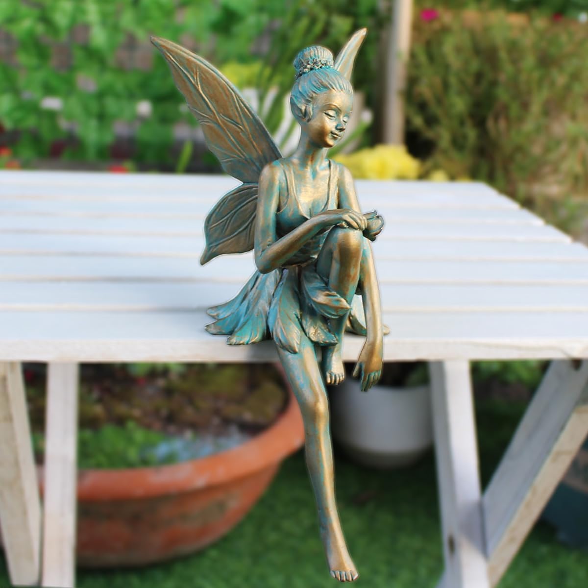 Vintage Bronze Sitting Fairy Statue Outdoor Garden Decor, 7″ Tall Resin Angel Figurine Home Shelf Sitter Yard Art Sculpture for Patio Lawn Porch Ornaments