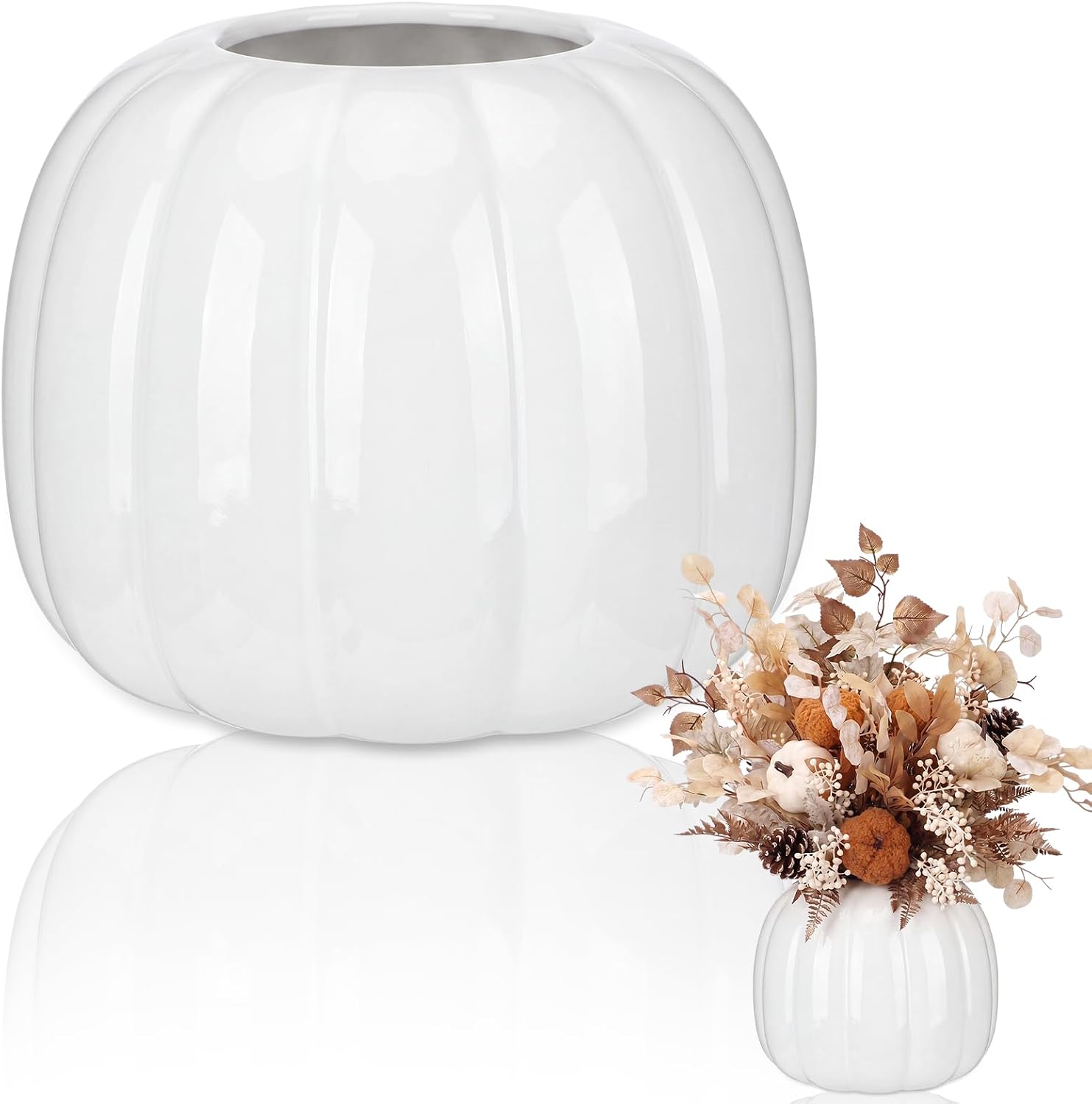 Beeveer 5.5 Inch Ceramic Pumpkin Vase Large Artificial Fake White Pumpkin Flower Vase Decorative Plant Pots for Fall Autumn Halloween Harvest Thanksgiving Farmhouses Home Room Office Decorations