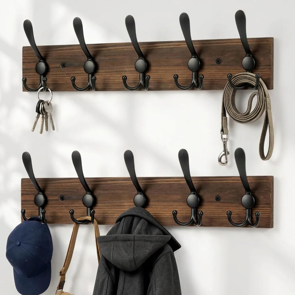 Wooden Coat Rack Wall Mount Heavy Duty, 2 Pack Coat Hanger Wall Mount with 5 Triple Hooks for Clothes, Jacket, Hat, Keys, Space Saving Entryway Organizer for Mudroom (‎Brown Plate & Black Hooks)