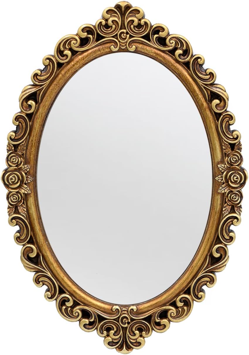 OIGUMR Oval Smallest Wall Mirror Resin Frame Size：12 x 8.3 inch Mirror Vintage Hanging Mirrors for Bedroom Living-Room Dresser Decor Gold