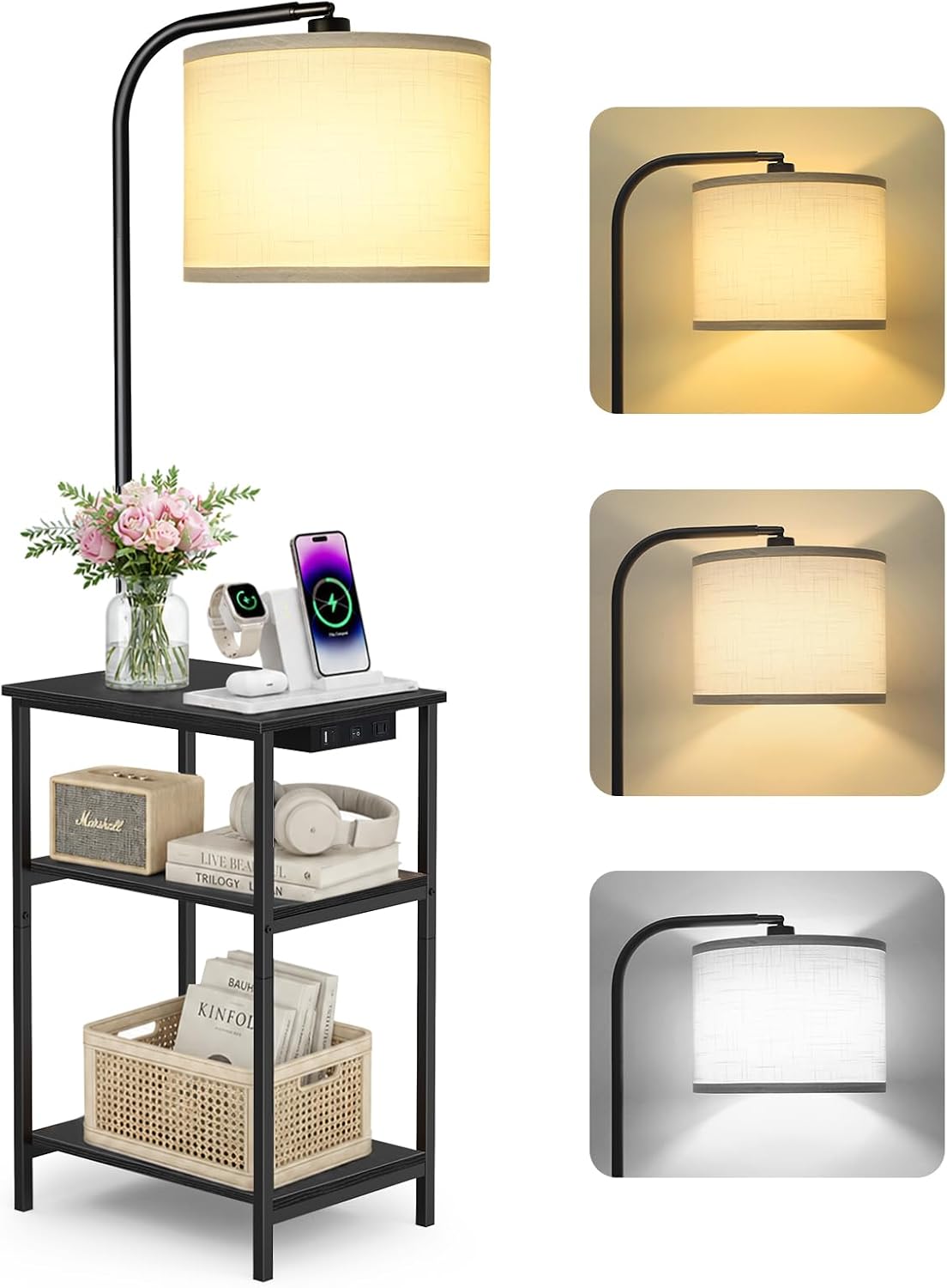 Floor Lamp with Side Table & Charging Station, End Table with 3 Color Temperatures & 12W LED Bulb, Open Storage Shelves, Dimmable Modern Table Lamp for Living Room, Bedroom & Office(Black)
