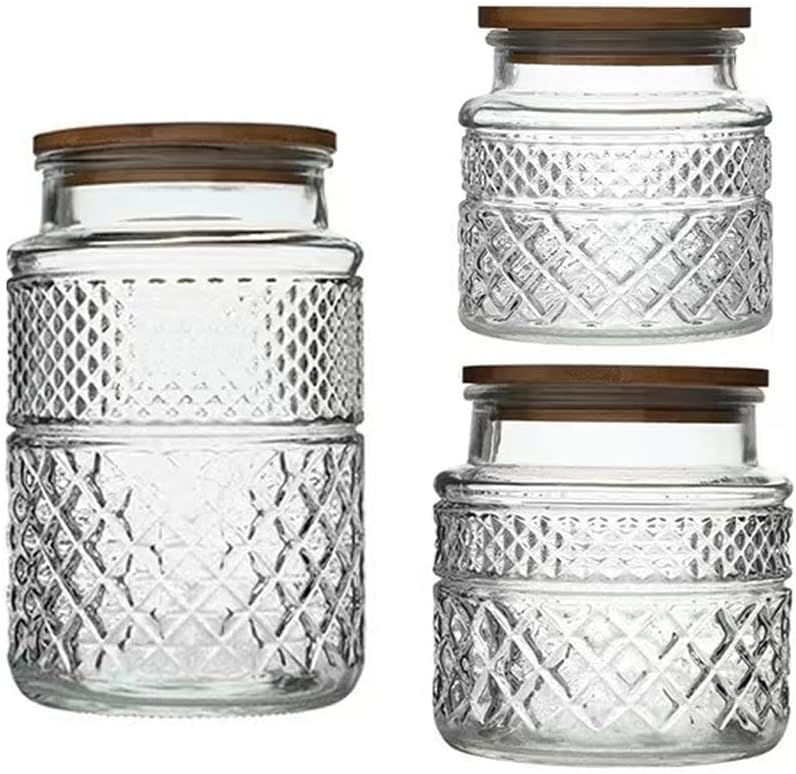 Glass Storage Container Jars with Lid Set 3-Piece Jars in 60 oz/40 oz/20 oz | Round Vintage Embossed Canisters, Food Cereal Storage Containers with Bamboo Lid, Glass Jars for Kitchen Counter and Pantry