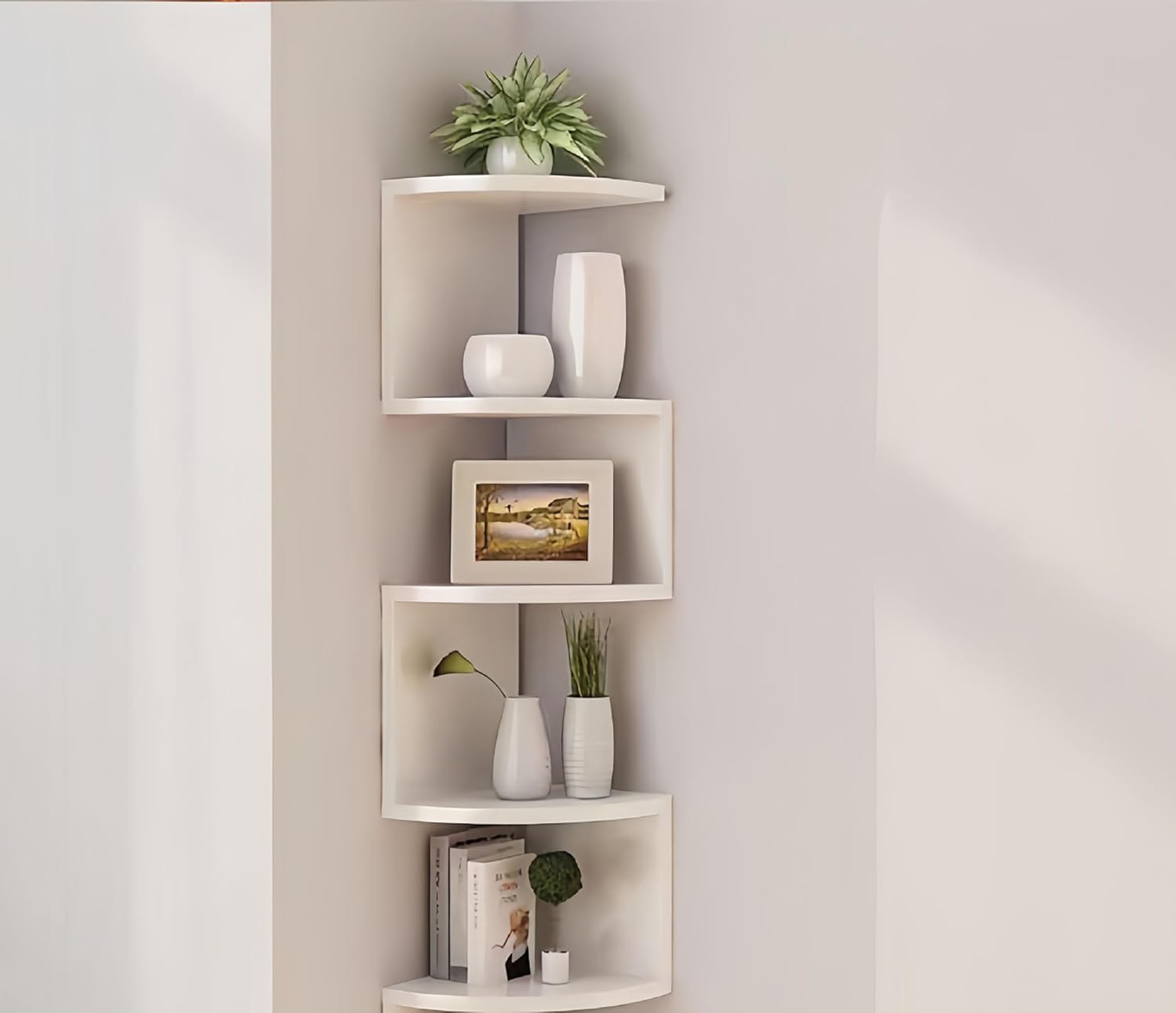 5-Tier Corner Shelf Wall Mount, Screw-Mounted Floating Bookshelf with Enhanced Support, Space-Saving Zigzag Shelf for Bedroom, Living Room, Office, Garage – (White)