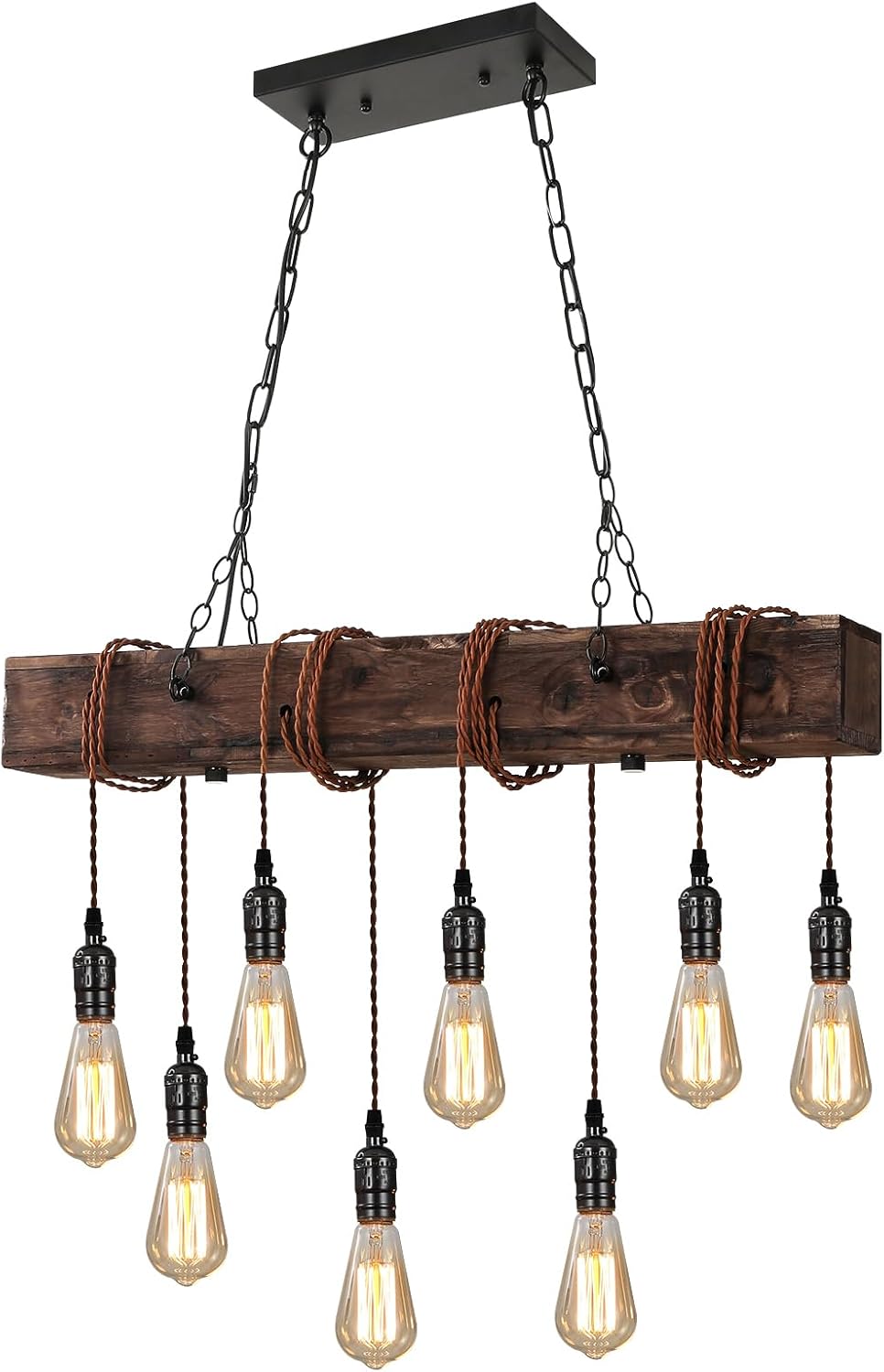KEESFU 8-Lights Rustic Chandeliers for Dining Room, Farmhouse Wooden Ceiling Pendant Light, Height Adjustable, Rectangle Chandelier for Kitchen Island Dining Room Bar Pool Table Cabin. | Farmhouse Chandelier with Adjustable Height; Wood Pendant Lights for Kitchen Island, Dining Table & Pool Table
