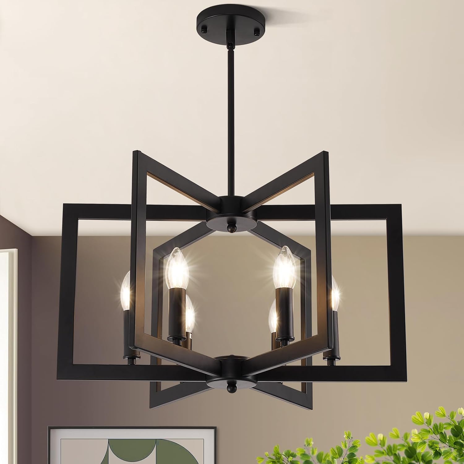22″ Black Chandelier for Dining Room, 6-Light Geometric Farmhouse Dining Room Fixture, Modern Foyer Lighting Fixtures, Industrial Hanging Pendant Lights for Kitchen Island, Living Room, Entryway
