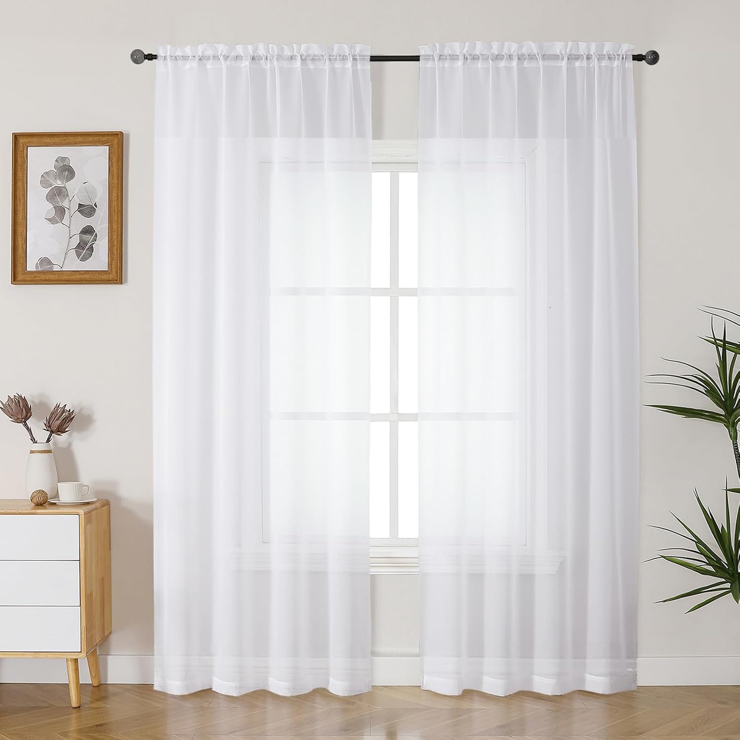 Gwine White Sheer Curtains 84 Inches Long 2 Panels Set for Living Room, Rod Pocket Voile Bedroom Curtains, Light Filtering Solid Window Sheer Panels, Each 42″ Wx84 L