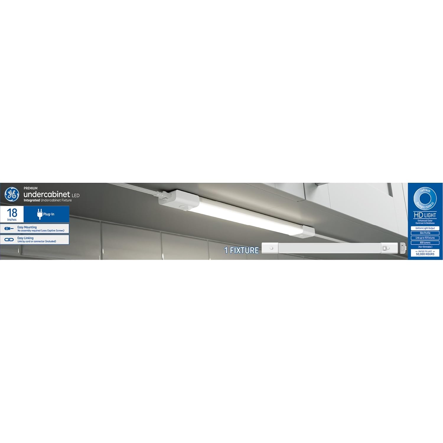 GE LED HD+ Undercabinet Light Fixture, Linkable Integrated Slim Profile Fixture for Kitchens, Daylight Color, Plug-in, 18in (1 Pack)